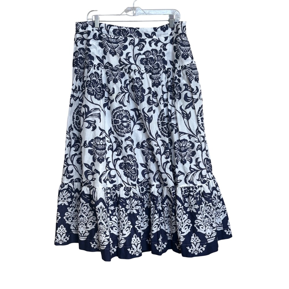 Soft Surroundings Navy White Floral Tiered Cotton Maxi Skirt Elastic Waist L - Picture 2 of 8